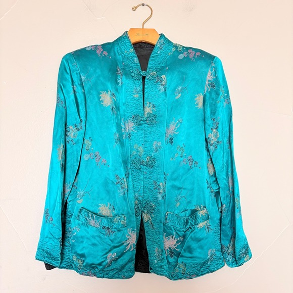 Peony Brand Jackets & Blazers - Vintage Reversible Satin Chinese Jacket Teal Black Embroidered Frog‎ Buttons